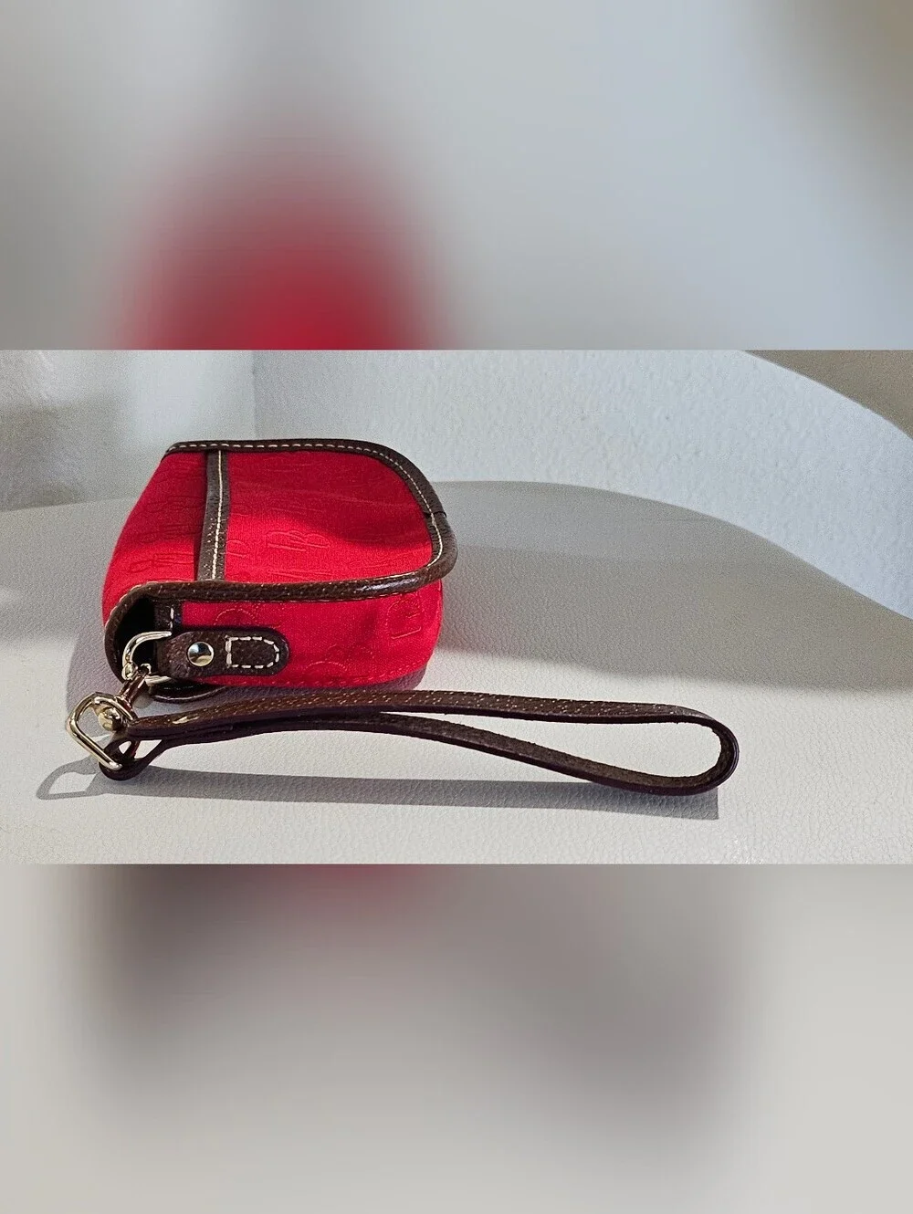 Dooney & Bourke Red Monogram Wristlet Pouch Brown Trim Smal Clutch Wallet.